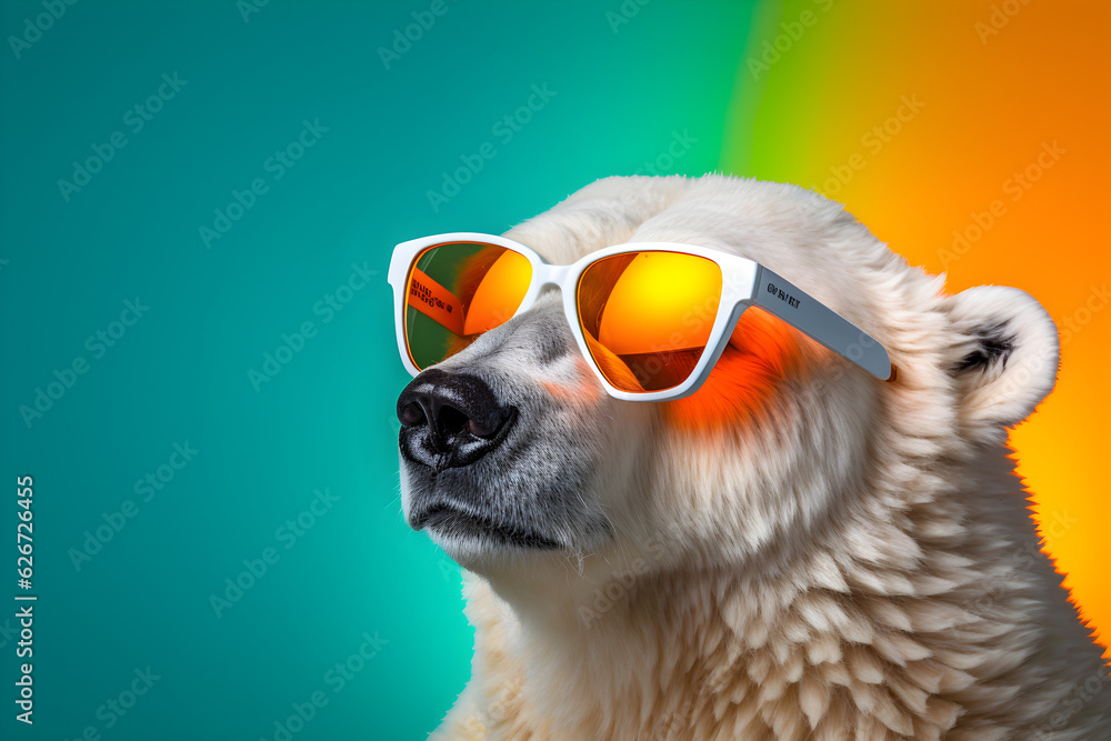 colourful portrait of polar bear wearing sunglasses