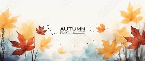 Abstract art autumn background with watercolor maple leaves. Watercolor hand-painted natural art perfect for design decorative in the autumn festival  header  banner  web  wall decoration  cards.