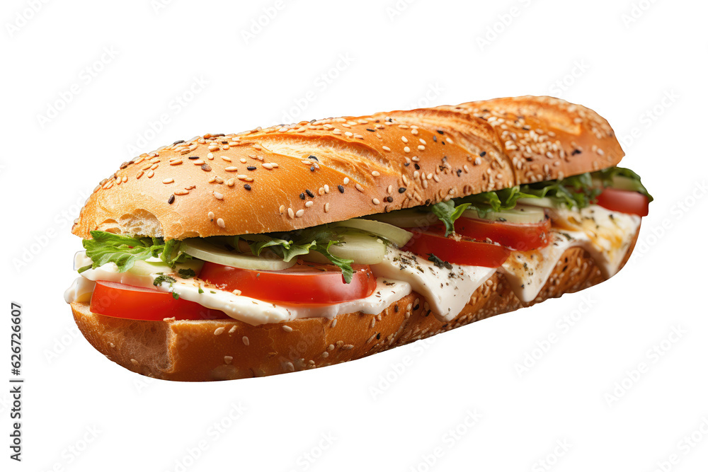 Sandwich with fresh tomato and green leaf salad for breakfast isolated on transparent background. Generative Ai Sandwich with fresh tomato and green leaf salad for breakfast isolated on transparent background. Generative Ai
