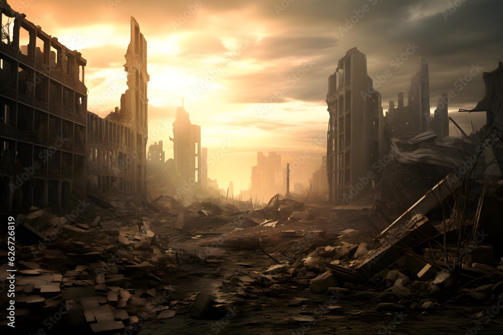 Naklejka premium post apocalyptic city ruins skyline sunset landscape