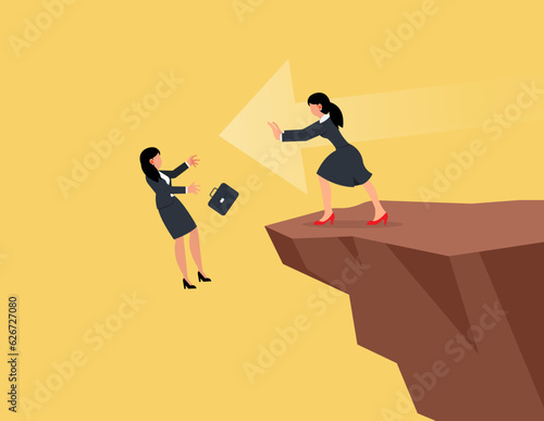 Business unethical competition, career competitor or cheating concept. Businesswoman pushing business partner fall off the cliff