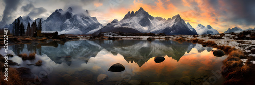 beautiful picturesque panoramic landscape of mountain reflection sunrise over the lake