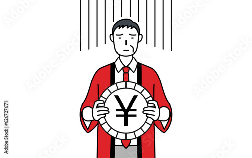 為替差損や円安のイメージ、赤い法被を着た販売員のシニア男性