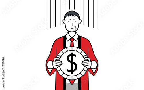 為替差損やドル安のイメージ、赤い法被を着た販売員のシニア男性