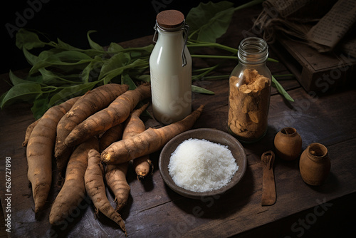 Comida Tradicional Brasileira com Amidos e Raizes de Mandioca em uma Mesa Rústica.
 photo