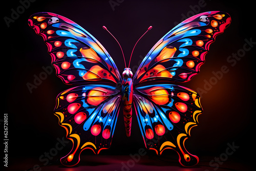 colourful neon glowing butterfly on a black background