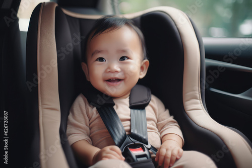beautiful child smile in safety car seat, generative AI photo