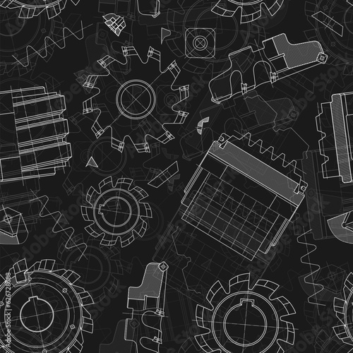 Mechanical engineering drawings on black background. Cutting tools, milling cutter. Technical Design. Cover. Blueprint. Seamless pattern. Vector illustration.
