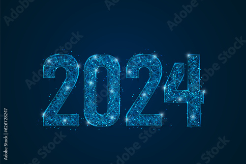 Abstract isolated blue image of new year number 2024. Polygonal low poly wireframe illustration looks like stars in the blask night sky in spase or flying glass shards. Digital web, internet design.