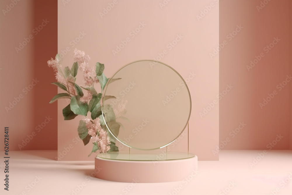 Round glass shape disk on display podium alongside delicate flower decors. Romantic soft background template. Created with Generative AI technology Round glass shape disk on display podium alongside delicate flower decors. Romantic soft background template. Created with Generative AI technology