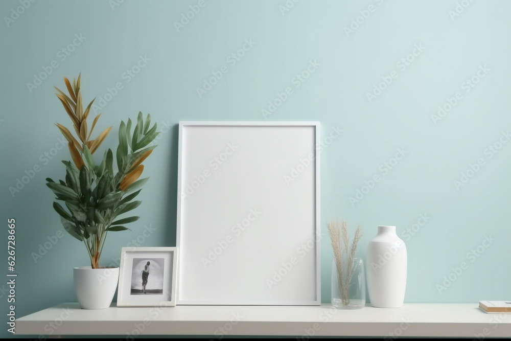 Home plant, vases, picture frame with and without photo against mint green wall. Background template. Created with Generative AI technology Home plant, vases, picture frame with and without photo against mint green wall. Background template. Created with Generative AI technology