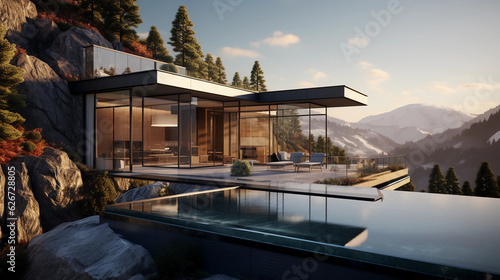 Modern exterior of a luxury villa in a minimal style. Glass house in the mountains