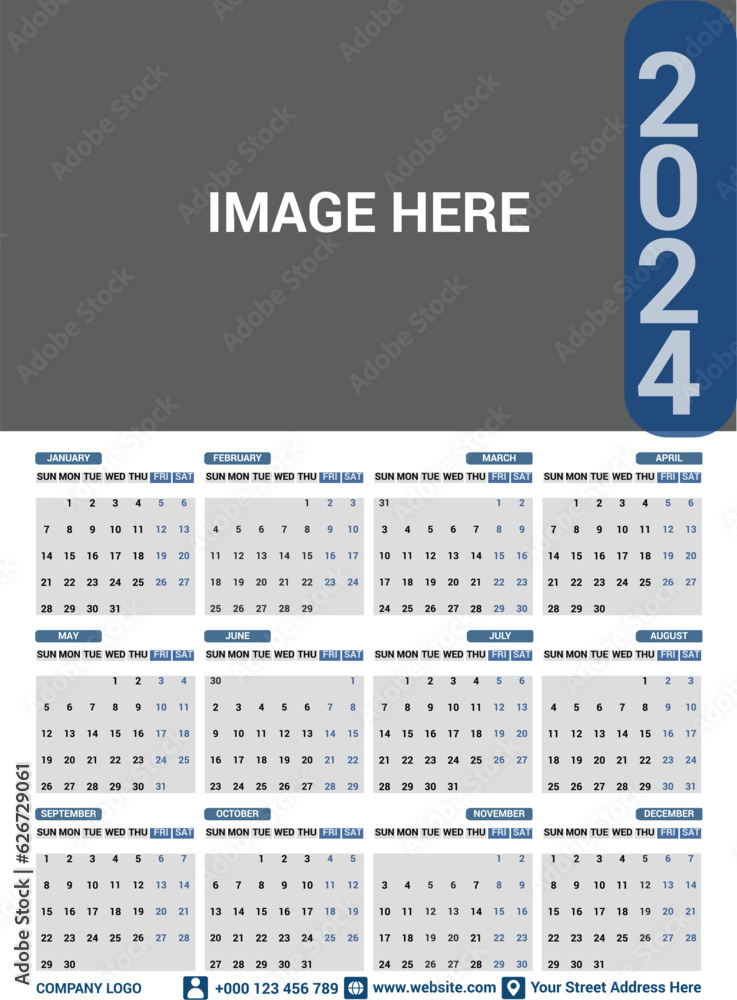 wall calendar simple design 2024 template, Modern One Page Calendar 2024, Creative clean calender design for you
