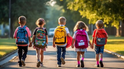Group of young children walking together in friendship, embodying the back-to-school concept on their first day of school, generative ai