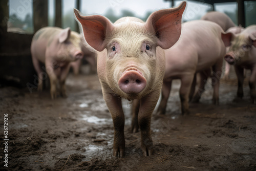 pigs in a farm looking at camera, generative AI © Kien