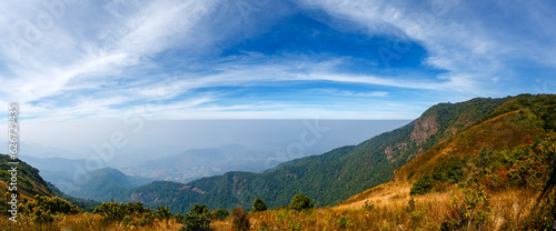landscape of Kew Mae Pan viewpoint on Doi inthanon mountains with air pollution pm 2.5 layer