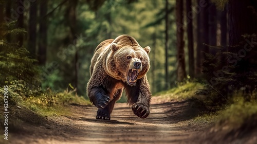 angry running grizzly bear in the forest, made with Generative AI photo