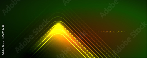 Neon glowing lines and angles, magic energy space light concept. Vector illustration for wallpaper, banner, background, leaflet, catalog, cover, flyer