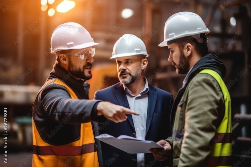 Manager and iron worker talking and looking to work another way in the factory Manager and iron worker talking and looking to work another way in the factory