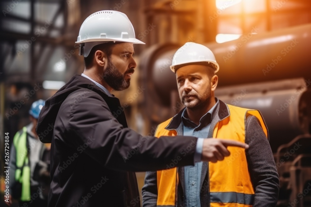 Manager and iron worker talking and looking to work another way in the factory Manager and iron worker talking and looking to work another way in the factory