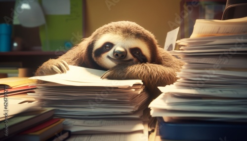 Sleepy Sloth Relaxing in Front of Papers, Generative AI