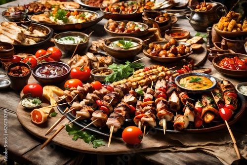 Middle eastern, arabic or mediterranean dinner table with grilled meat and vegetables, chicken skewers with roasted vegetables and appetizers variety serving on a rustic outdoor table