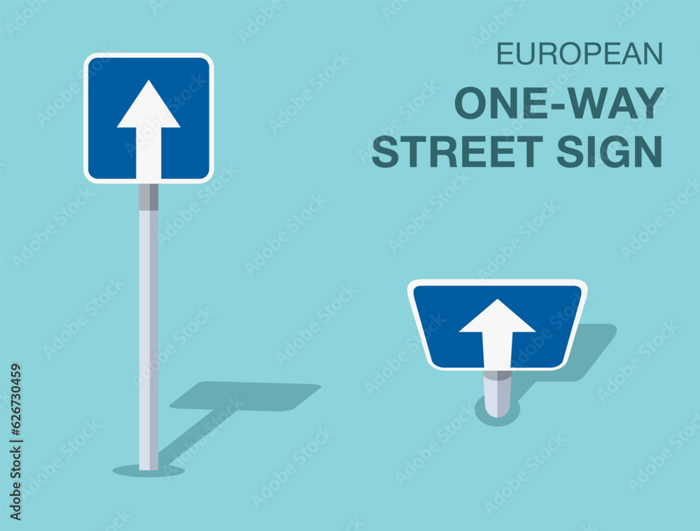 Traffic regulation rules. Isolated european one-way street sign. Front and top view. Flat vector illustration template. Traffic regulation rules. Isolated european one-way street sign. Front and top view. Flat vector illustration template.