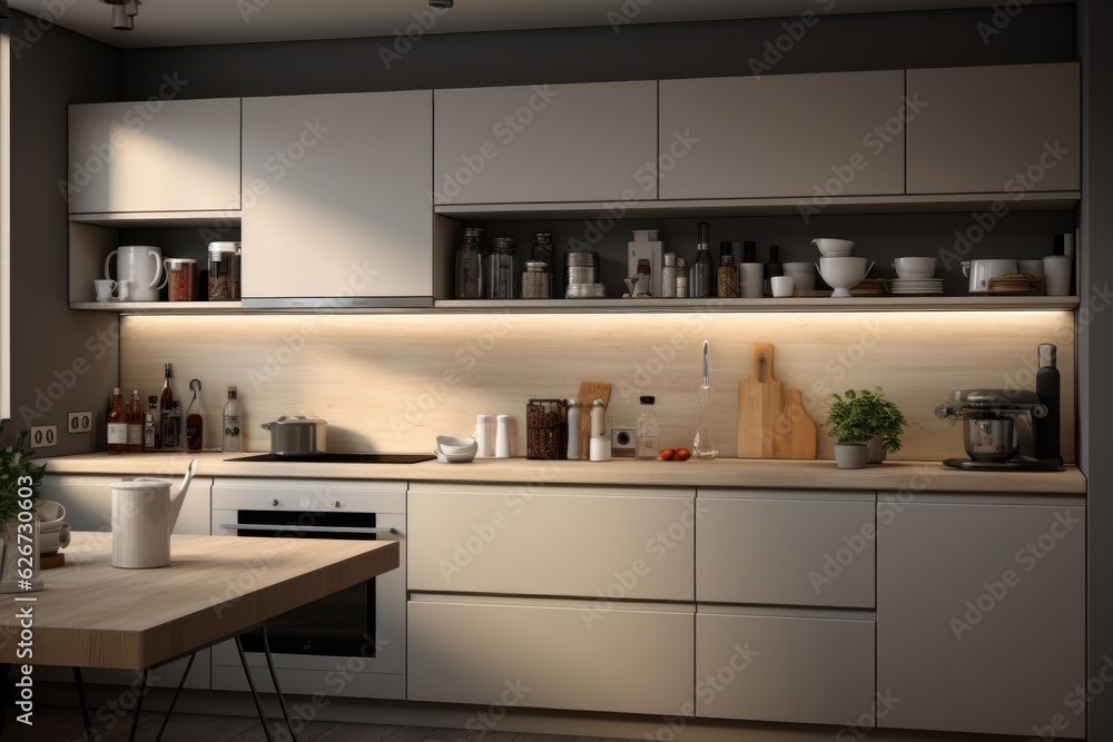 Modern style kitchen with light countertop with sink, hob, oven, and kitchen utensils. There are drawers Modern style kitchen with light countertop with sink, hob, oven, and kitchen utensils. There are drawers