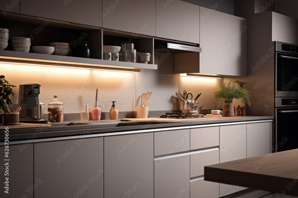 Modern style kitchen with light countertop with sink, hob, oven, and kitchen utensils. There are drawers Modern style kitchen with light countertop with sink, hob, oven, and kitchen utensils. There are drawers