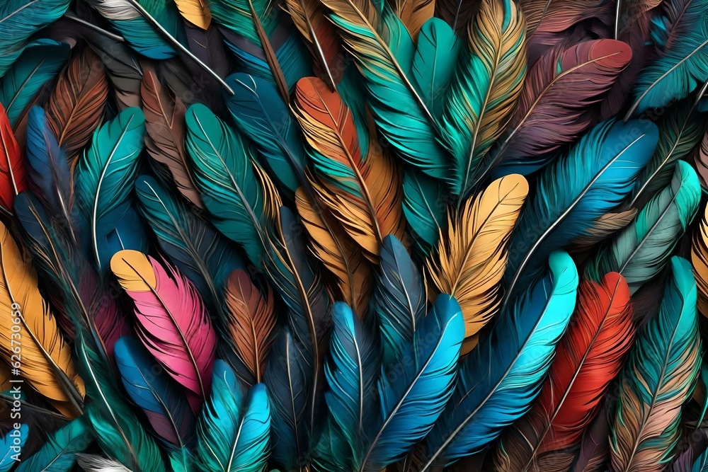 colorful feathers leave on the living wall 3d abstraction wallpaper. Abstract seamless pattern peacock feathers background. Multicolor feather above on hanging wall interior mural painting 