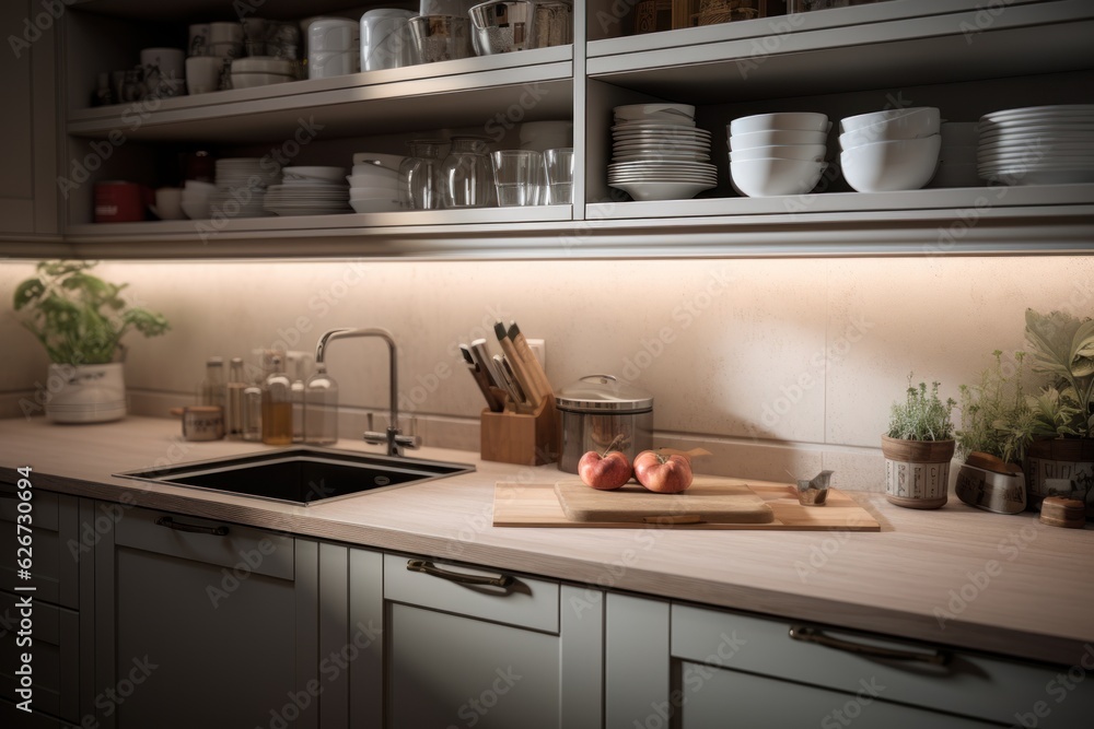 Modern style kitchen with light countertop with sink, hob, oven, and kitchen utensils. There are drawers Modern style kitchen with light countertop with sink, hob, oven, and kitchen utensils. There are drawers