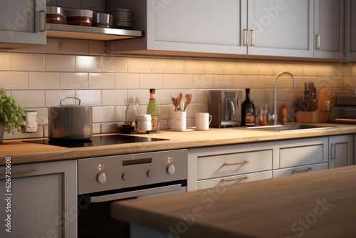 Fotografia Modern style kitchen with light countertop with sink, hob, oven, and kitchen utensils