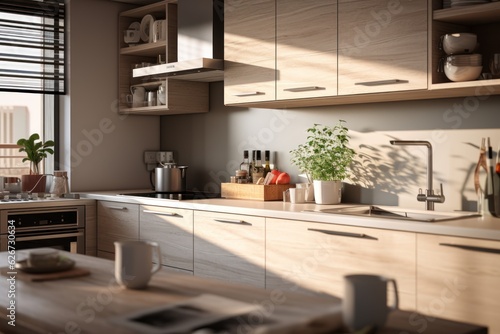 Modern style kitchen with light countertop with sink, hob, oven, and kitchen utensils. There are drawers