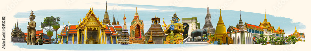 Fototapeta premium Collage of landmarks of Bangkok, Thailand. The Royal Palace palace of the king of Thailand at Bangkok. Opened as a tourist destination in Asia. Contemporary art design