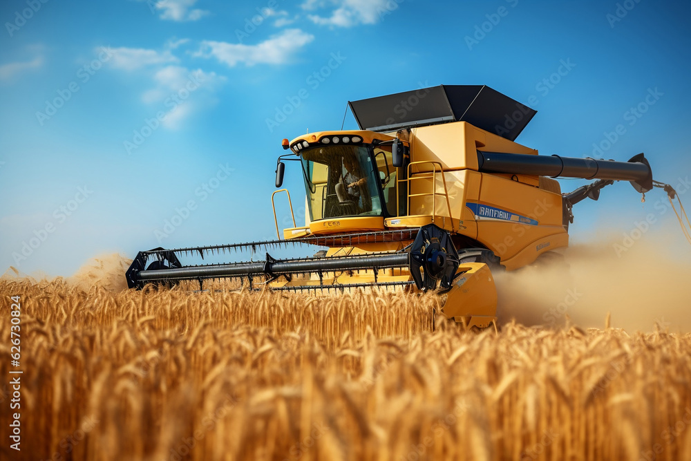 A combine harvester harvests crops and wheat in a field on a blue sky background highlighting the wheat shortage, created with Generative AI technology