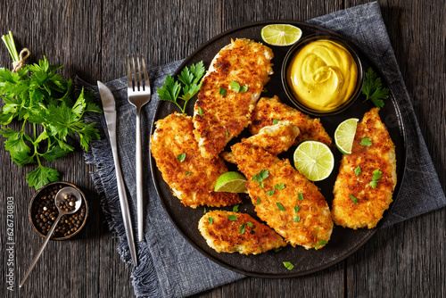 Schilderij op canvas fried chicken cutlets on black plate, top view
