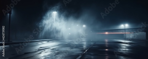 Serene Night: Illuminated Street with Reflections of Light Pole on Wet Concrete, Generative AI