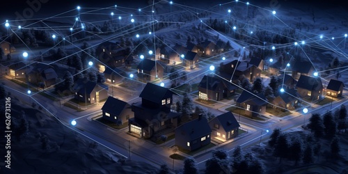 Illuminated Cityscape: A Vibrant Night View of a Blooming City with Electric Lines and Houses, Generative AI