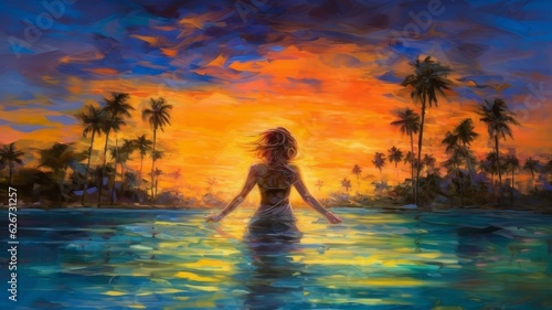 blonde in water sunset