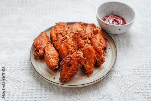 Fried chicken wings on a plate with tomato sauce
