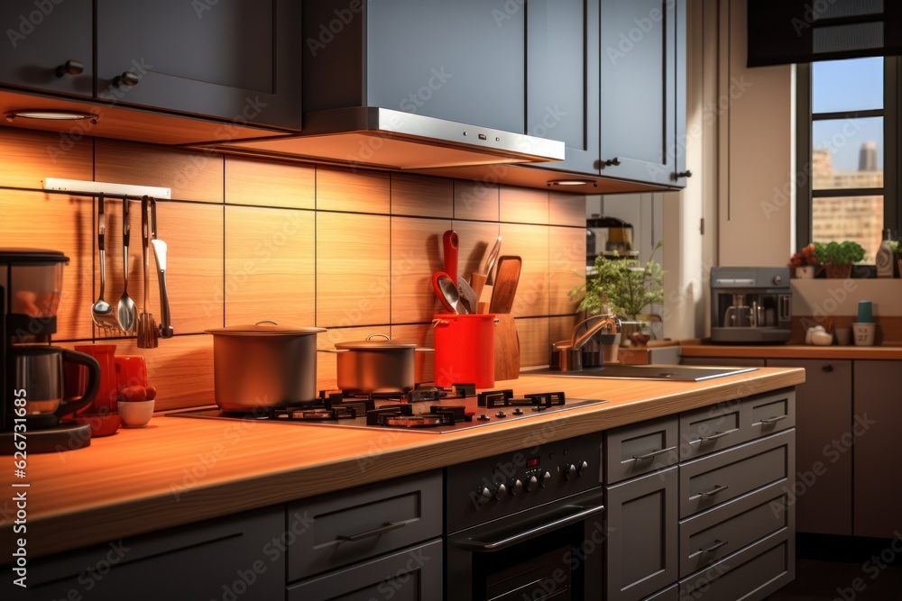 Fototapeta premium Modern style kitchen with light countertop with sink, hob, oven, and kitchen utensils. There are drawers
