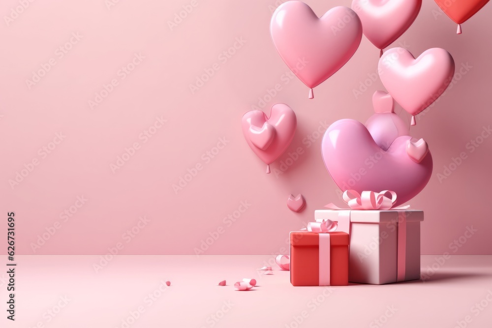 Romantic Valentine's Day Background with Floating Heart Shapes and Pink Gift, Generative AI