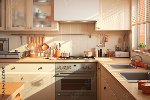 Modern style kitchen with light countertop with sink, hob, oven, and kitchen utensils. There are drawers