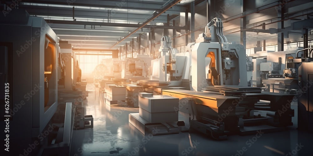 Modern Manufacturing Machines in a Factory with High-Tech Equipment and Automated Processes, Industrial Background with Copy Space, Generative AI