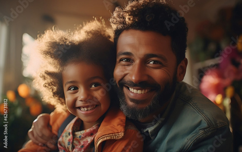 Cheerful little girl with dad while playing at home. Happy black family enjoying weekend at home. Cute little daughter with dad smiling. AI Generated images