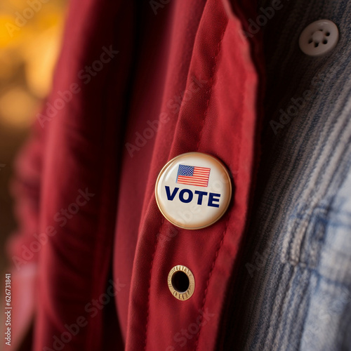 Close up of a 'Vote' badge on a jacket for the 2024 presidential election in America, created with Generative AI technology