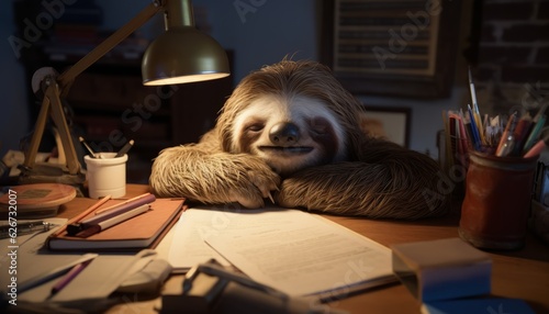 Sleepy Sloth on Desk with Papers and Documents, Generative AI