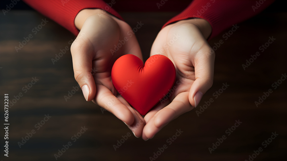 Obraz premium Young women hands holding red heart,health care, donate and family insurance concept,world heart day, world health day, CSR responsibility, adoption foster family, hope, gratitude, kind. Generative ai