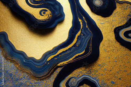 Blue and golden acrylic liquid ink swirl abstract background with ravishing turbulence wavy pattern and detailed texture. Luxury fluid liquid art by Generative AI.