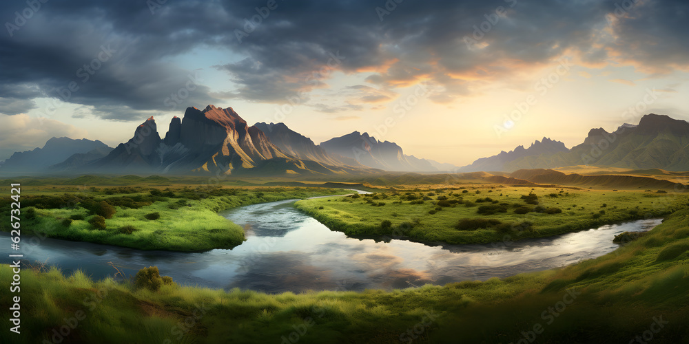 beautiful panoramic landscape with lake and mountains